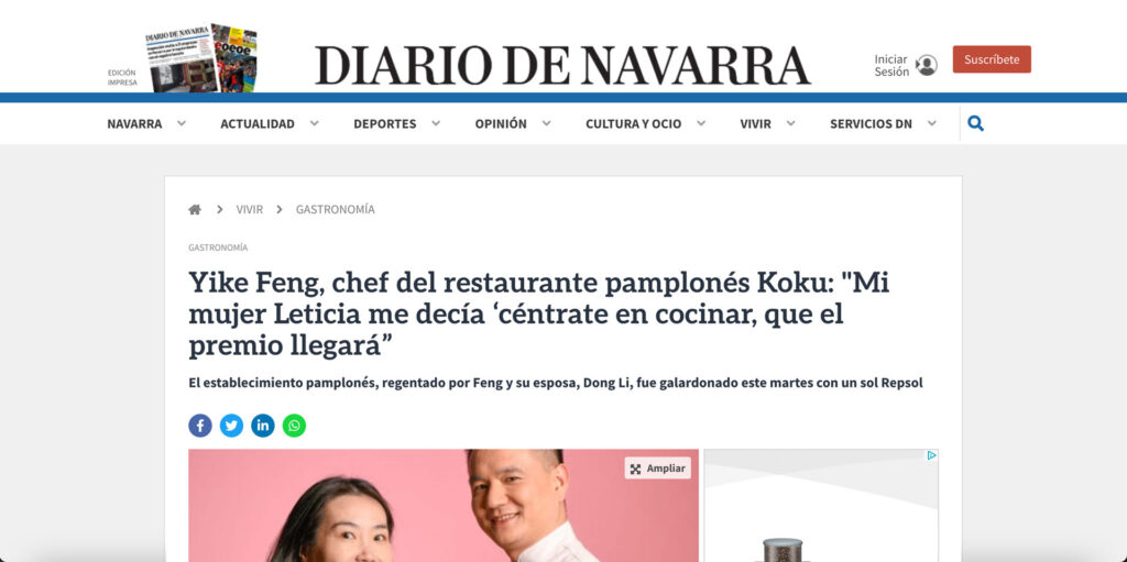 Yike Feng, chef del restaurante pamplonés Koku: «Mi mujer Leticia me decía ‘céntrate en cocinar, que el premio llegará”