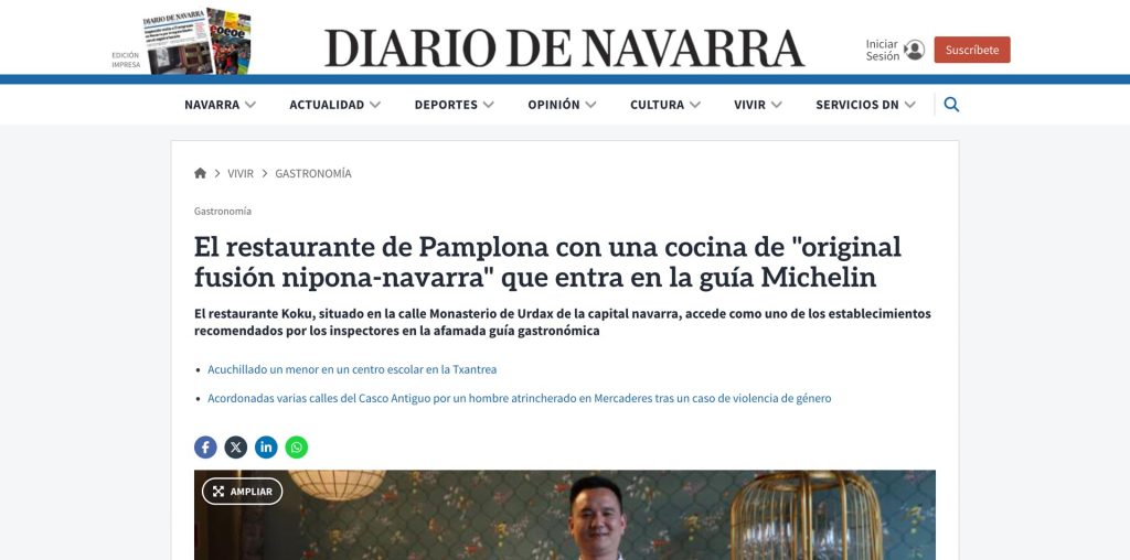 El restaurante de Pamplona con una cocina de «original fusión nipona-navarra» que entra en la guía Michelin