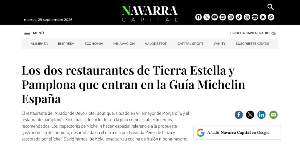 Los dos restaurantes de Tierra Estella y Pamplona que entran en la Guía Michelin España