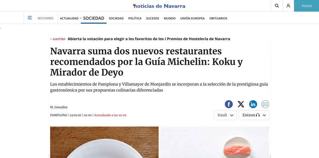 Navarra suma dos nuevos restaurantes recomendados por la Guía Michelin: Koku y Mirador de Deyo